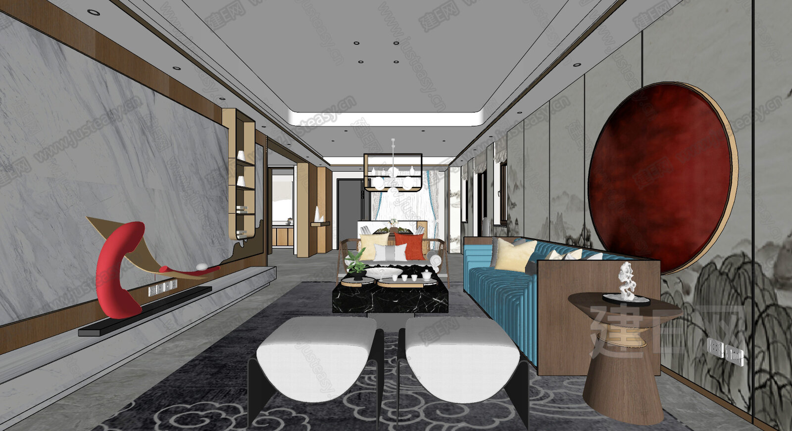 新中式客餐厅 模型SU模型下载[ID:115627387]_建E室内设计网