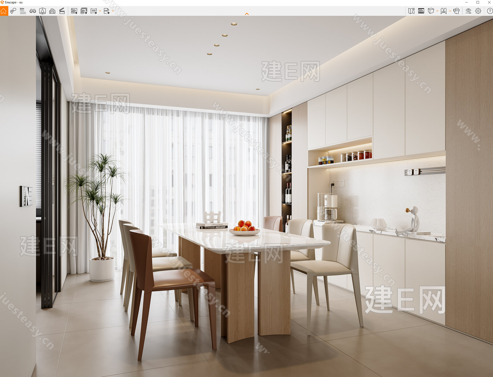 现代奶油风餐厅模型SU模型下载[ID:115561924]_建e网su模型