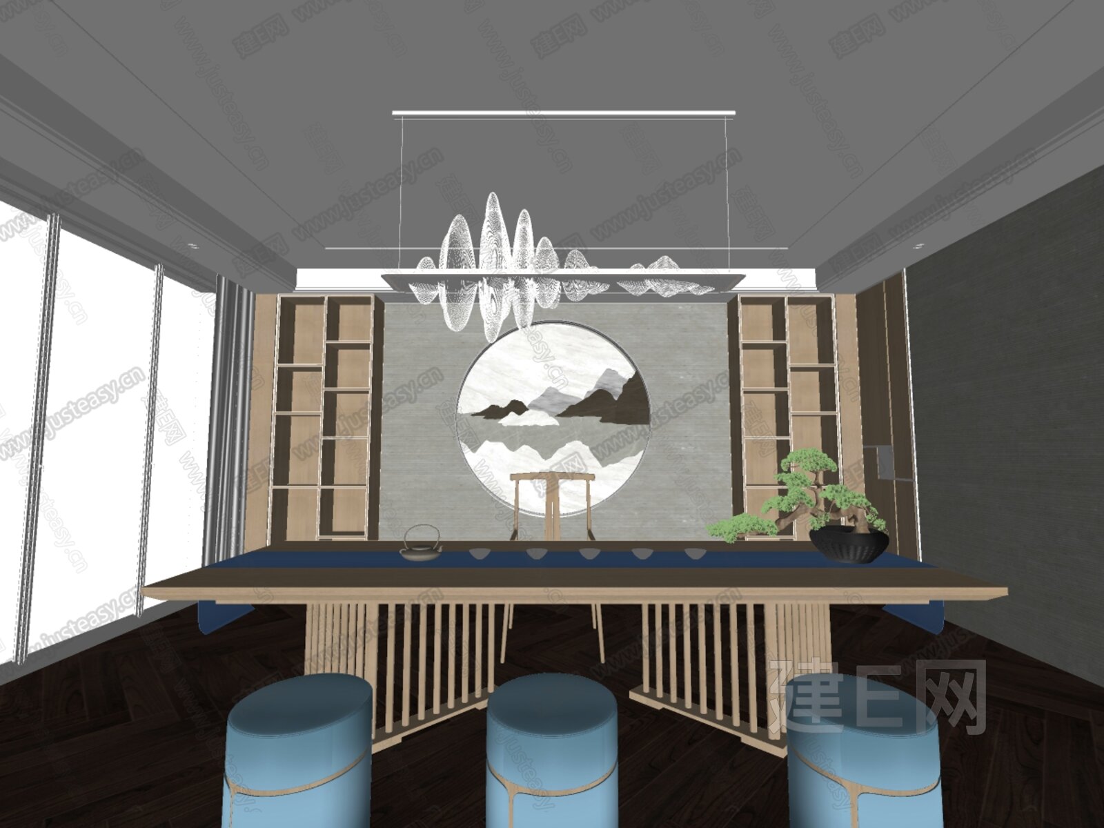 新中式茶室模型SU模型下载[ID:115496439]_建e网su模型