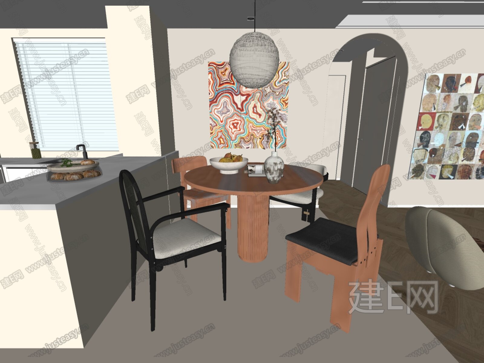 现代奶油风餐厅 模型SU模型下载[ID:115954953]_建e网su模型