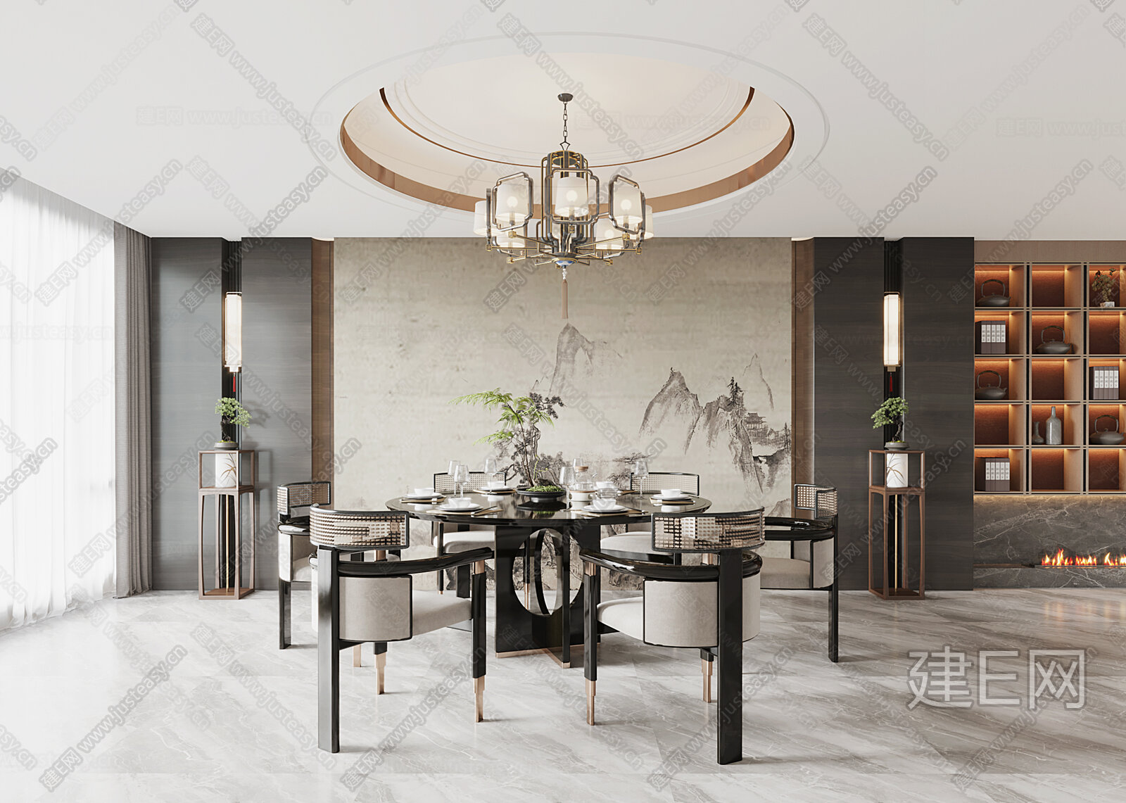 新中式餐厅模型SU模型下载[ID:117069166]_建e网su模型