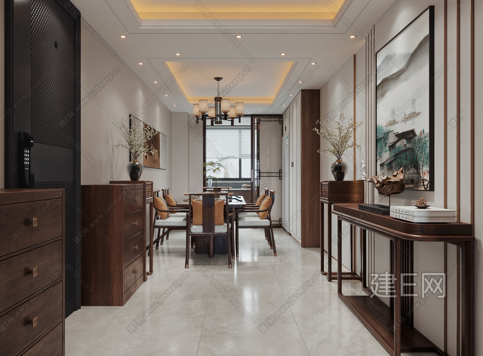 新中式餐厅模型SU模型下载[ID:109925866]_建E室内设计网
