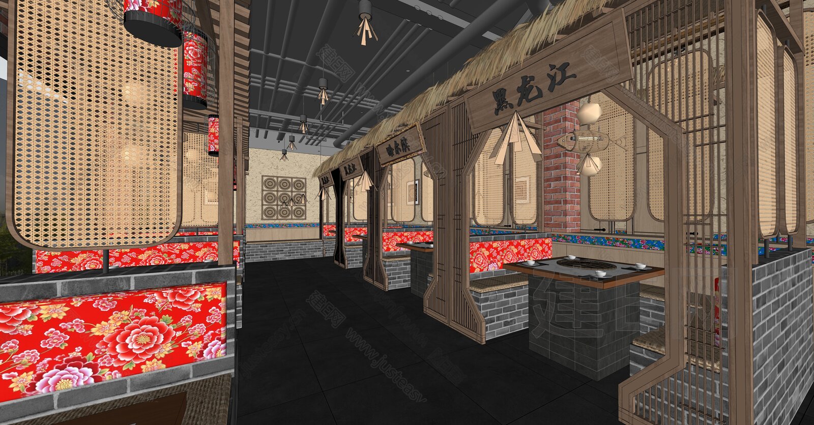 新中式火锅店模型SU模型下载[ID:117069136]_建e网su模型