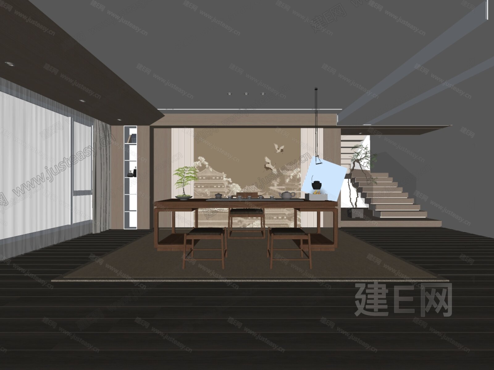 新中式禅意茶室 模型SU模型下载[ID:109466995]_建e网su模型