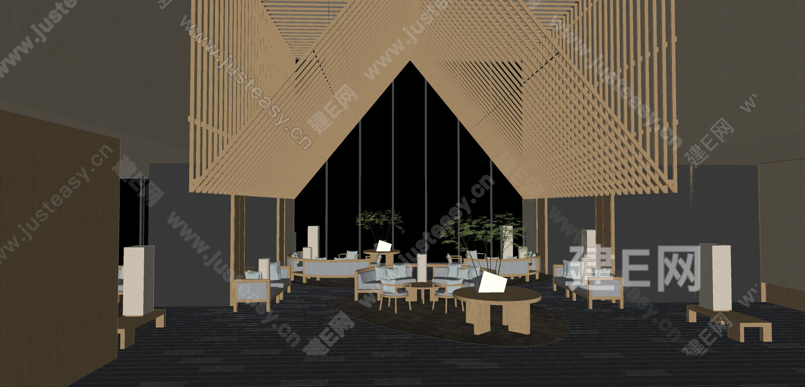 新中式售楼处洽谈区模型SU模型下载[ID:109073773]_建e网su模型