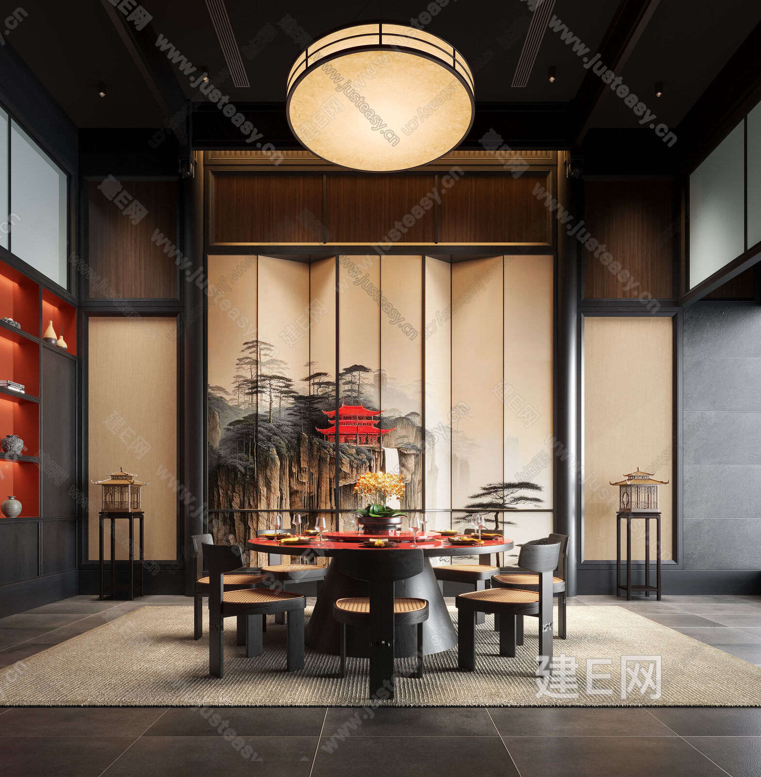 新中式餐厅包间3d模型下载[ID:106520506]_建e网3d模型