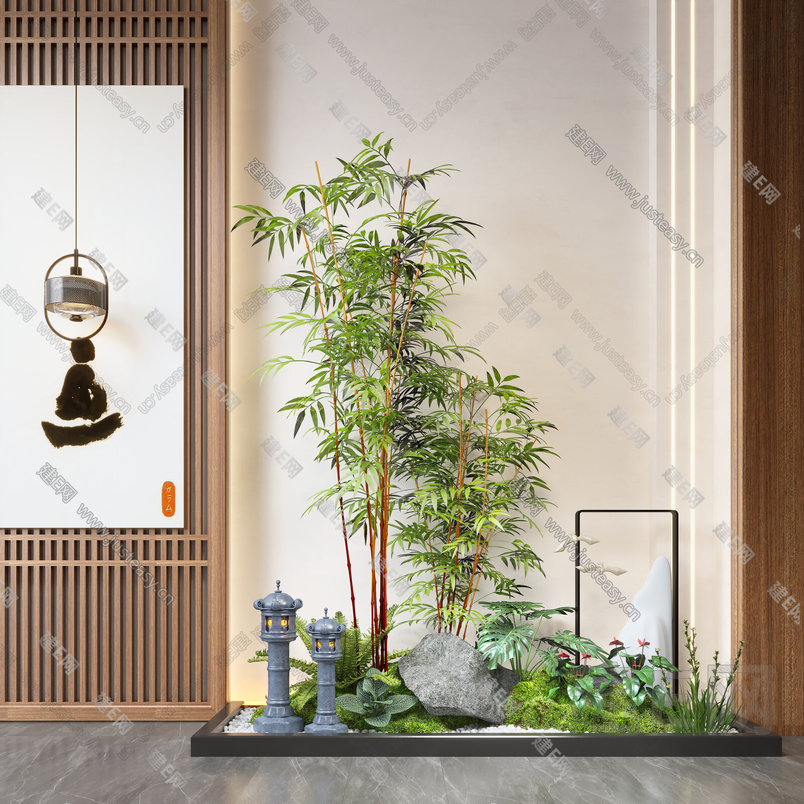 新中式室内景观造景模型SU模型下载[ID:111236545]_建E室内设计网