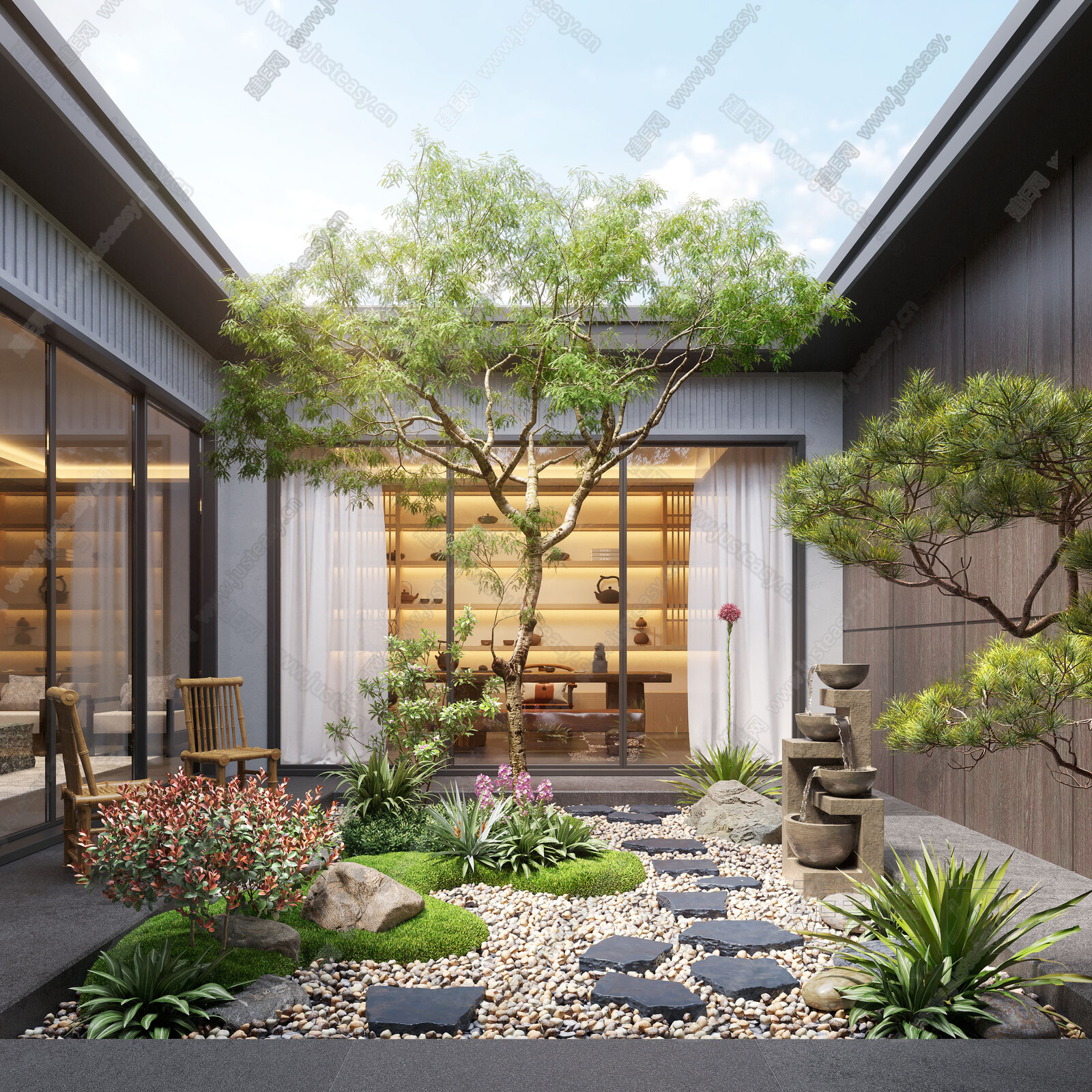 新中式禅意天井庭院景观模型SU模型下载[ID:112088345]_建e网su模型