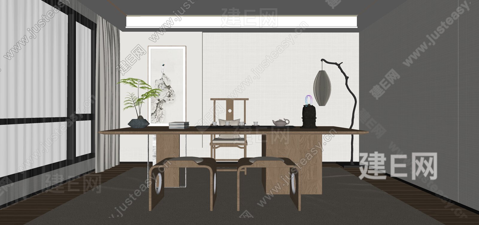 新中式禅意茶室模型SU模型下载[ID:111760777]_建e网su模型