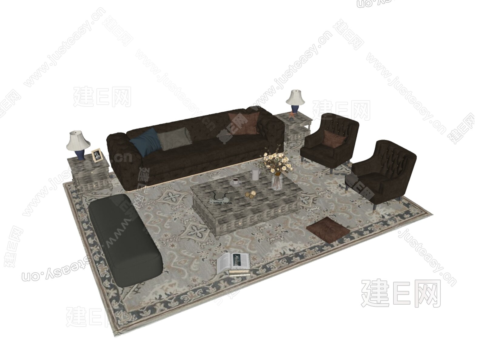法式沙发茶几组合模型SU模型下载[ID:105010256]_建e网su模型
