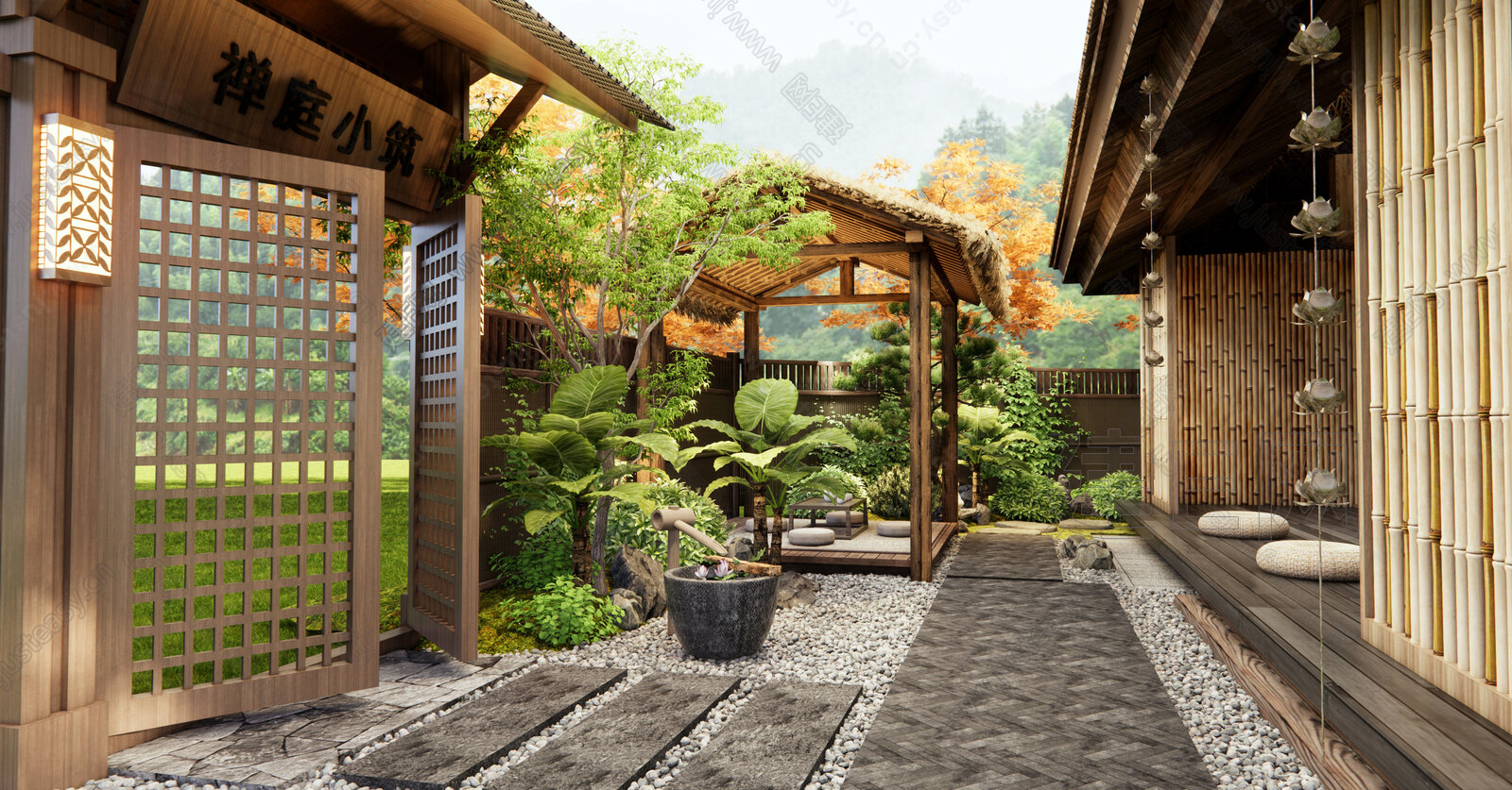 日式禅意庭院景观模型SU模型下载[ID:105731315]_建e网su模型