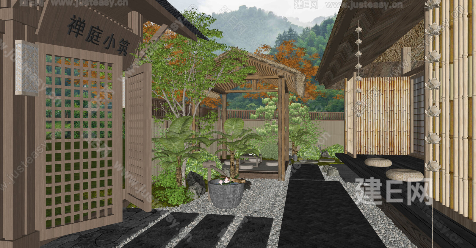 日式禅意庭院景观模型SU模型下载[ID:105731315]_建e网su模型