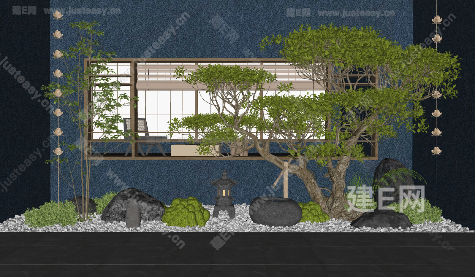 新中式室内景观造景模型SU模型下载[ID:105731122]_建e网su模型