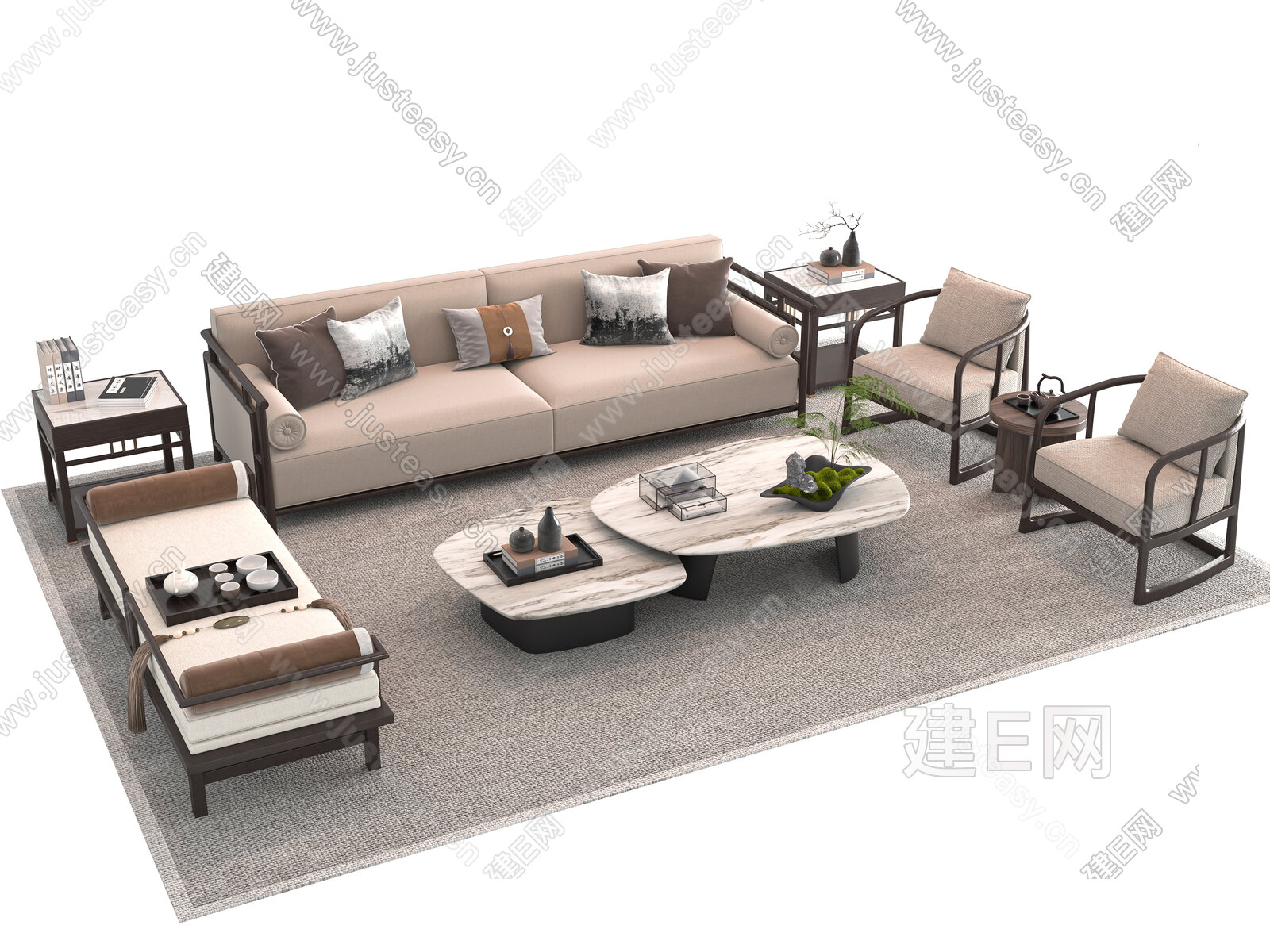 新中式沙发茶几组合模型SU模型下载[ID:106714225]_建E室内设计网