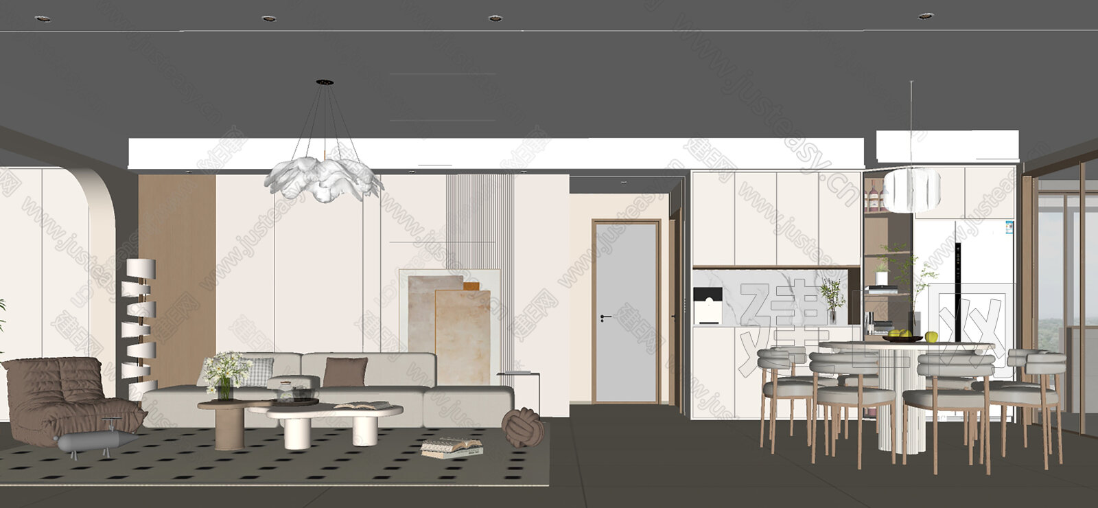 现代极简奶油风客餐厅模型SU模型下载[ID:106320920]_建e网su模型