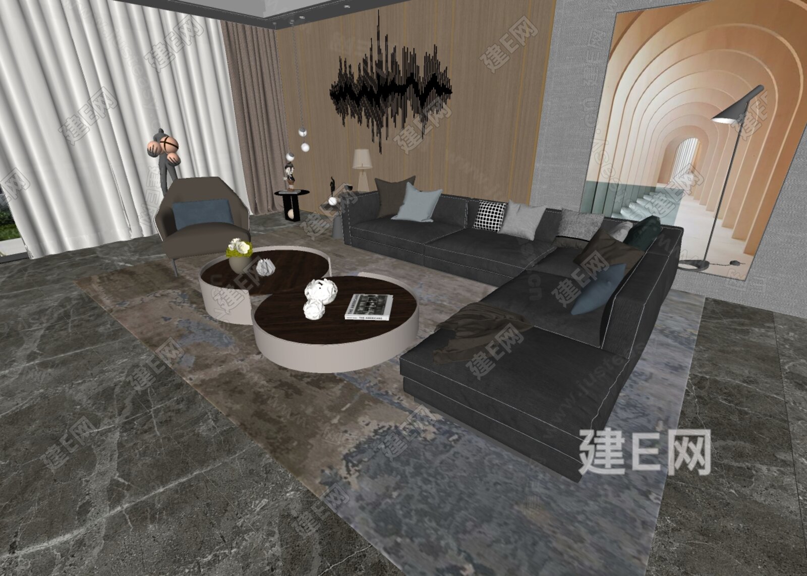 现代沙发茶几组合模型SU模型下载[ID:105927851]_建E室内设计网