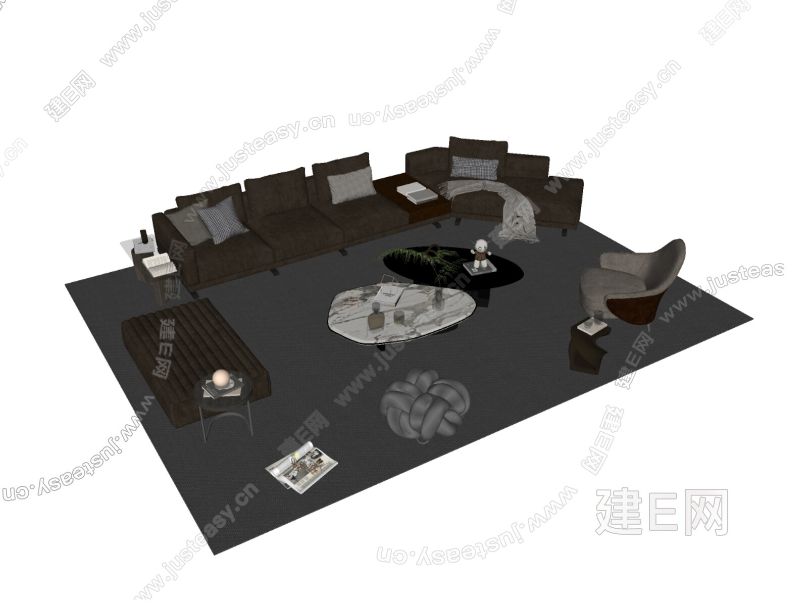 Minotti 现代沙发茶几组合模型SU模型下载[ID:106714209]_建e网su模型