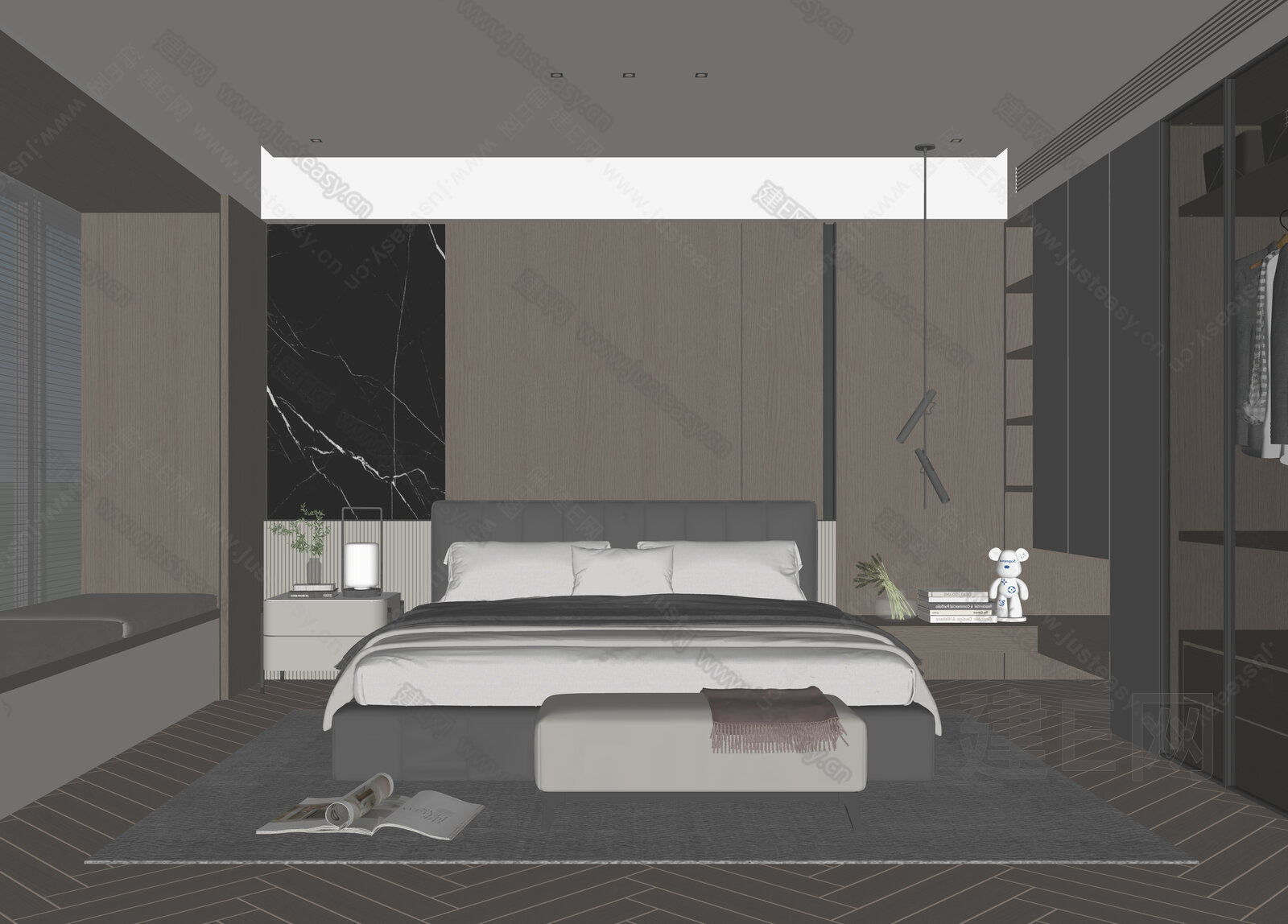 现代暗黑风卧室SU模型下载[ID:106517598]，现代暗黑风卧室，SU模型下载