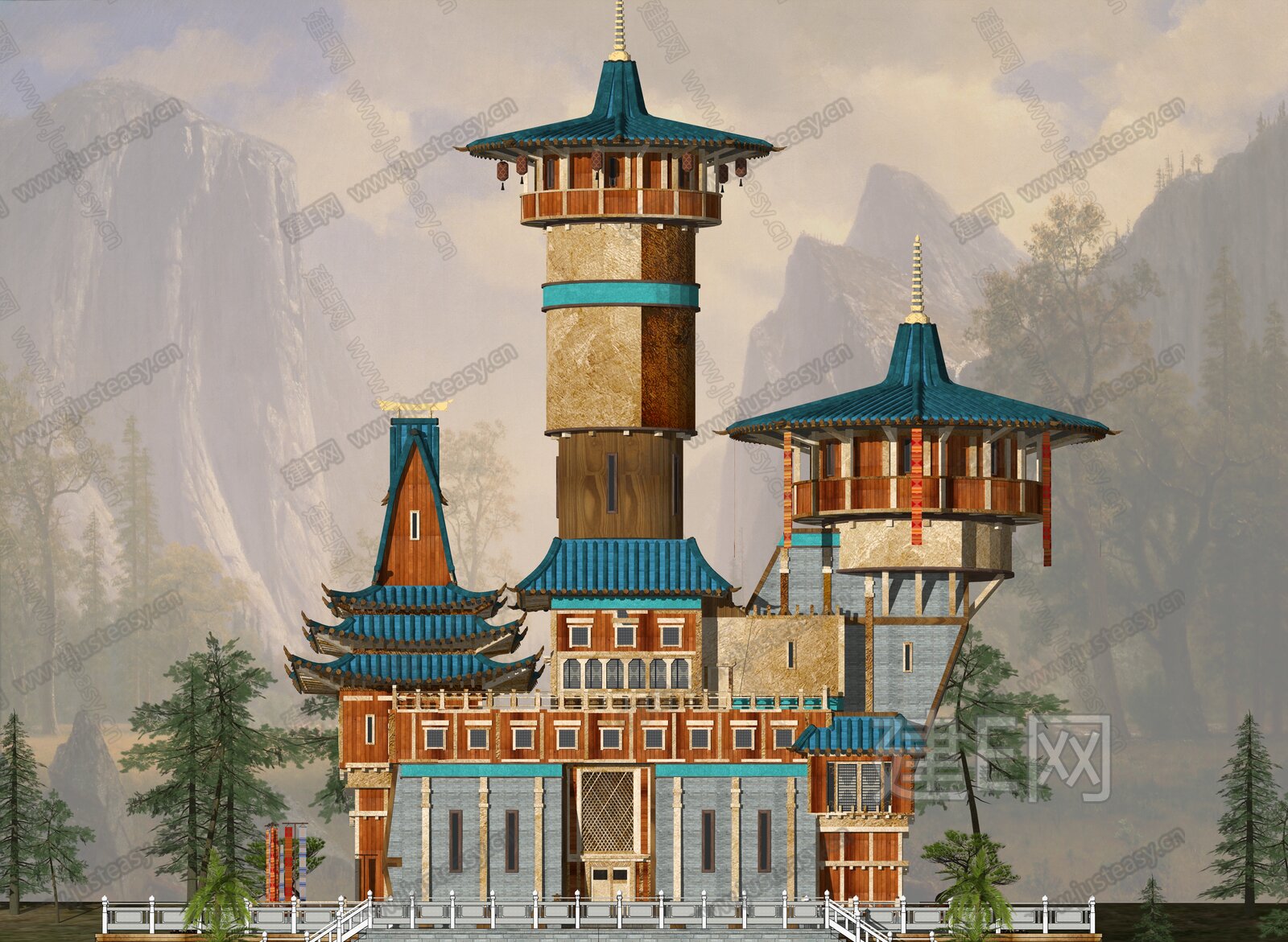 中式城寨瞭望塔楼城堡游戏影视场景模型SU模型下载[ID:106451996]_建E室内设计网