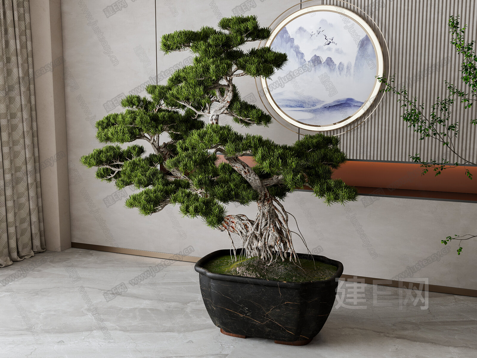 新中式松树绿植盆栽模型SU模型下载[ID:107500605]_建E室内设计网