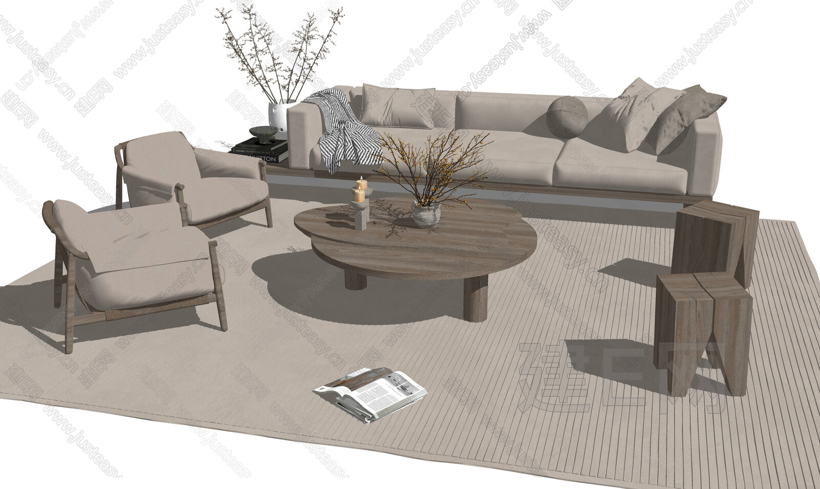 侘寂中古风沙发茶几组合模型SU模型下载[ID:107369638]_建e网su模型