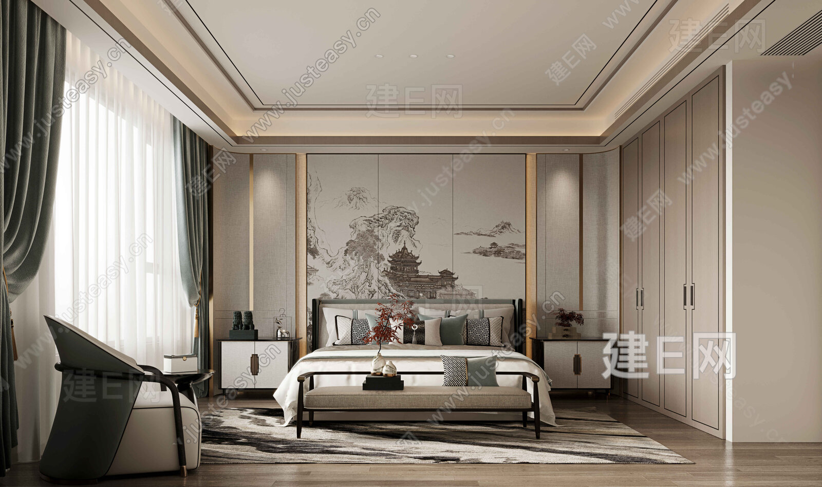 新中式主卧3d模型下载[ID:104161096]_建e网3d模型