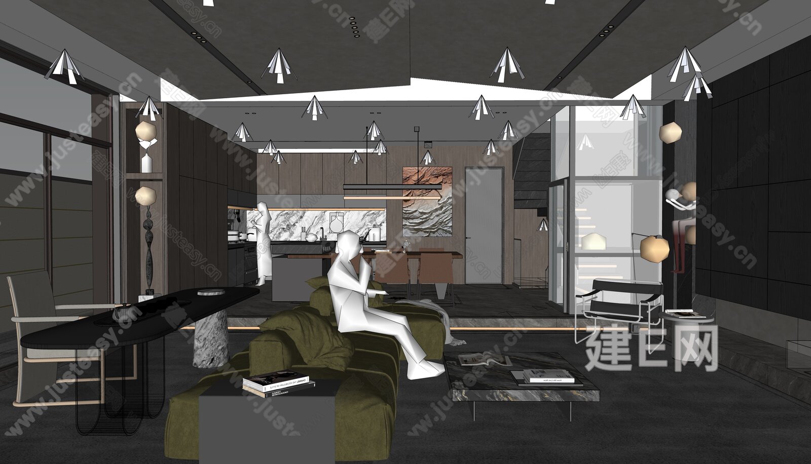 现代轻奢别墅客厅 模型SU模型下载[ID:107697200]_建e网su模型