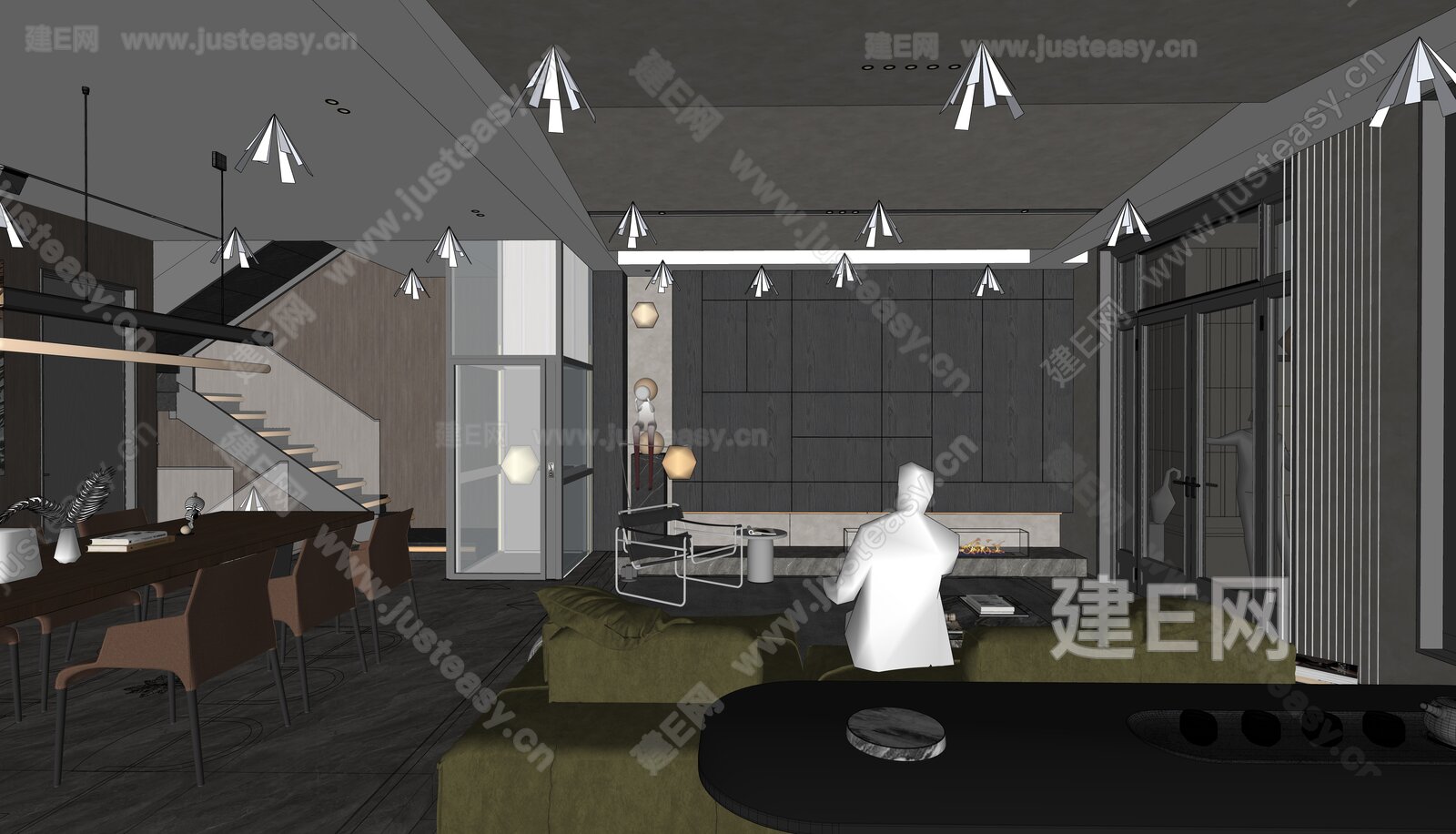 现代轻奢别墅客厅 模型SU模型下载[ID:107697200]_建e网su模型