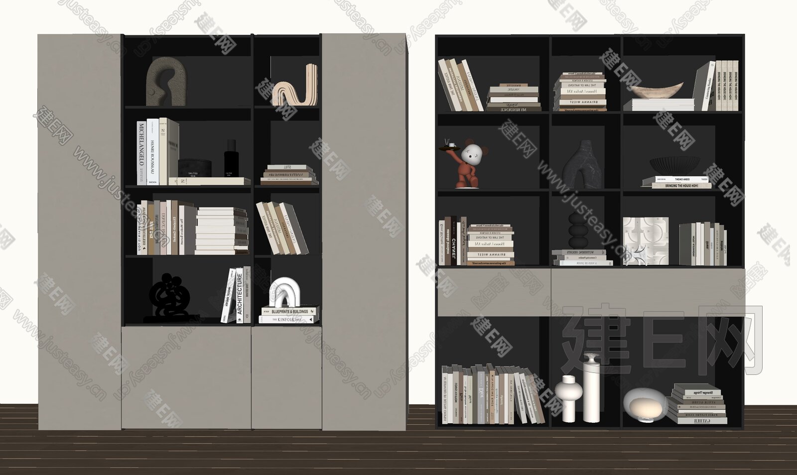 现代书柜 书架模型SU模型下载[ID:109008040]_建E室内设计网