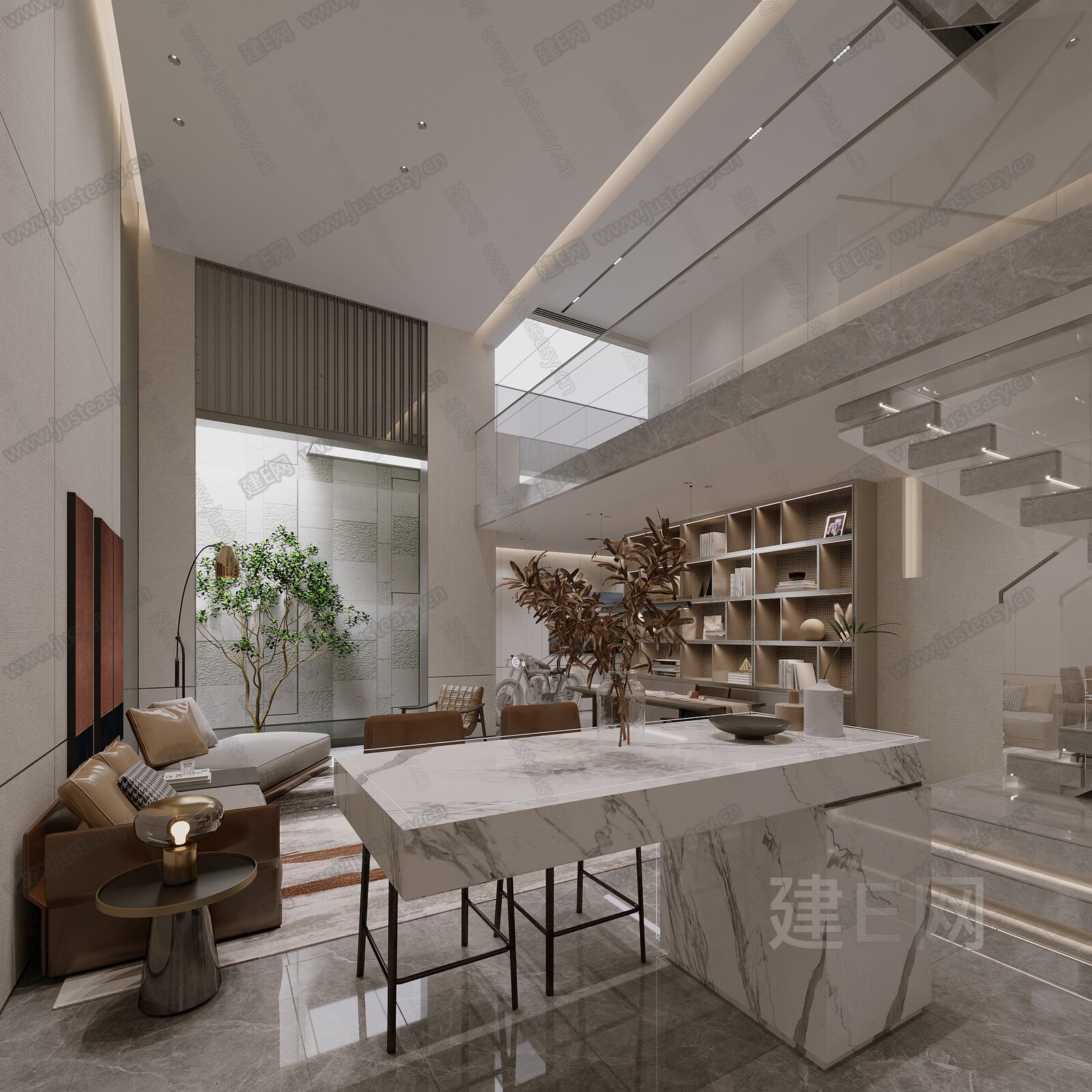 现代轻奢别墅客厅模型SU模型下载[ID:108614740]_建e网su模型