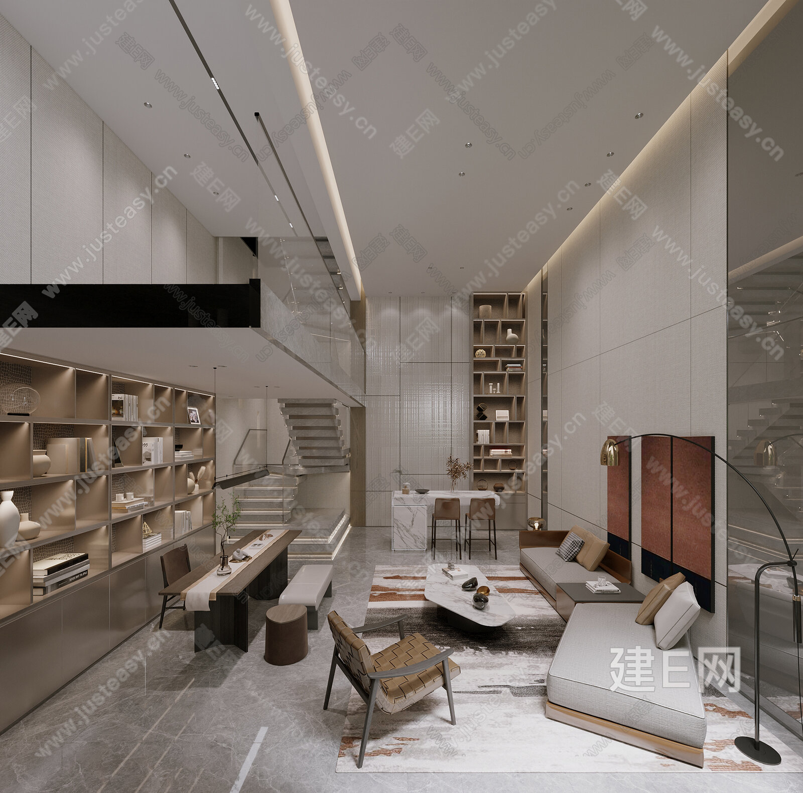 现代轻奢别墅客厅模型SU模型下载[ID:108614740]_建e网su模型