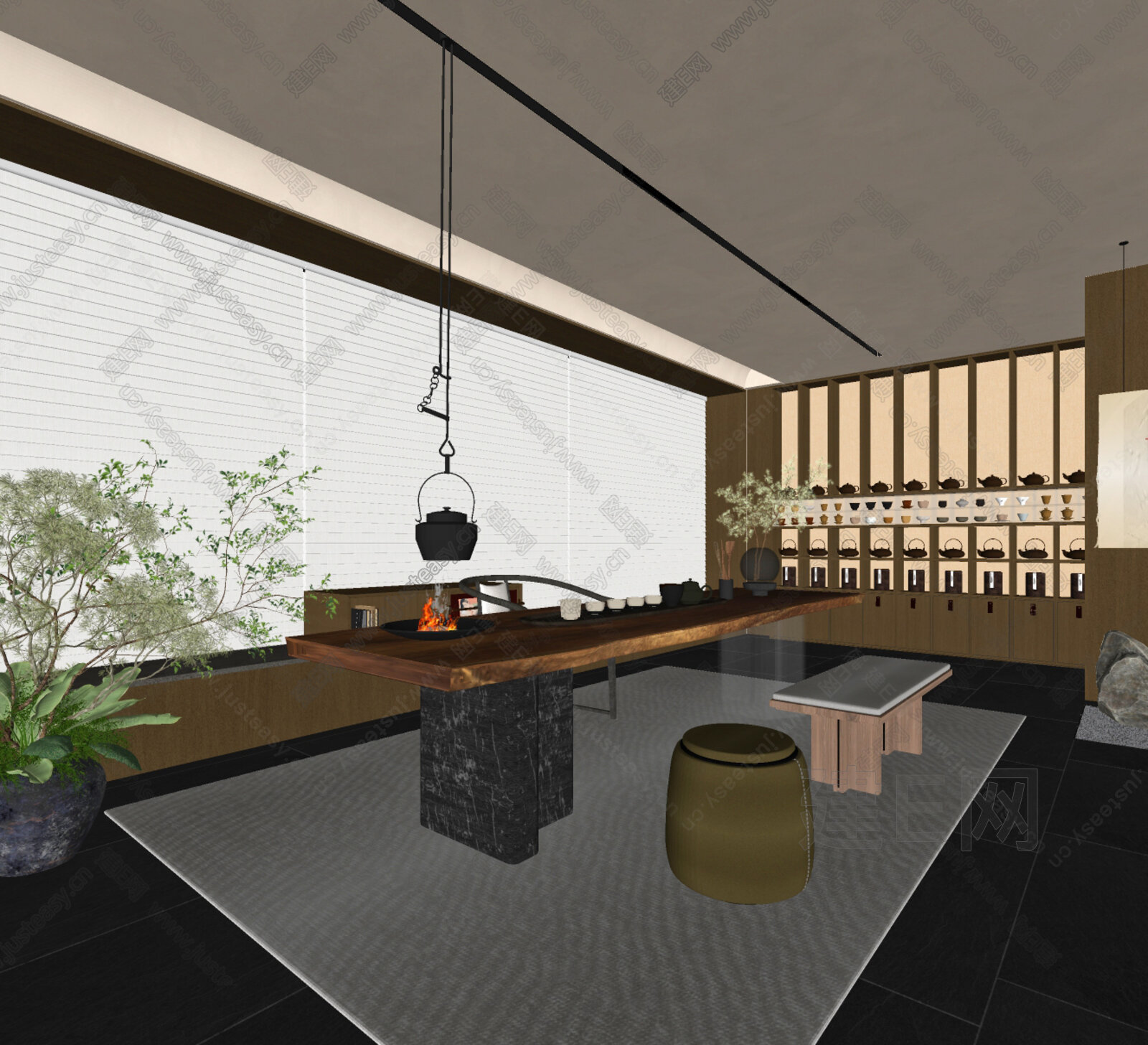 新中式茶室模型SU模型下载[ID:108680206]_建E室内设计网