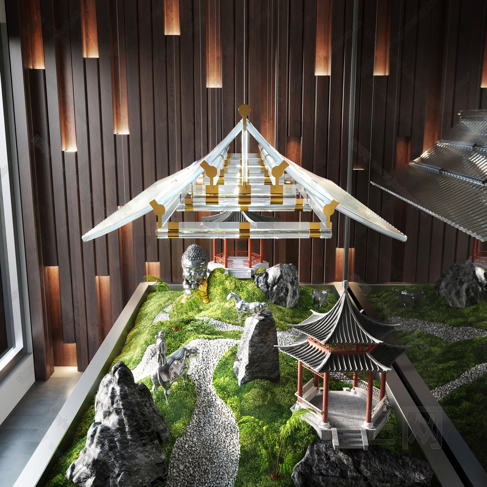 新中式室内植物景观造景模型SU模型下载[ID:101471458]_建e网su模型