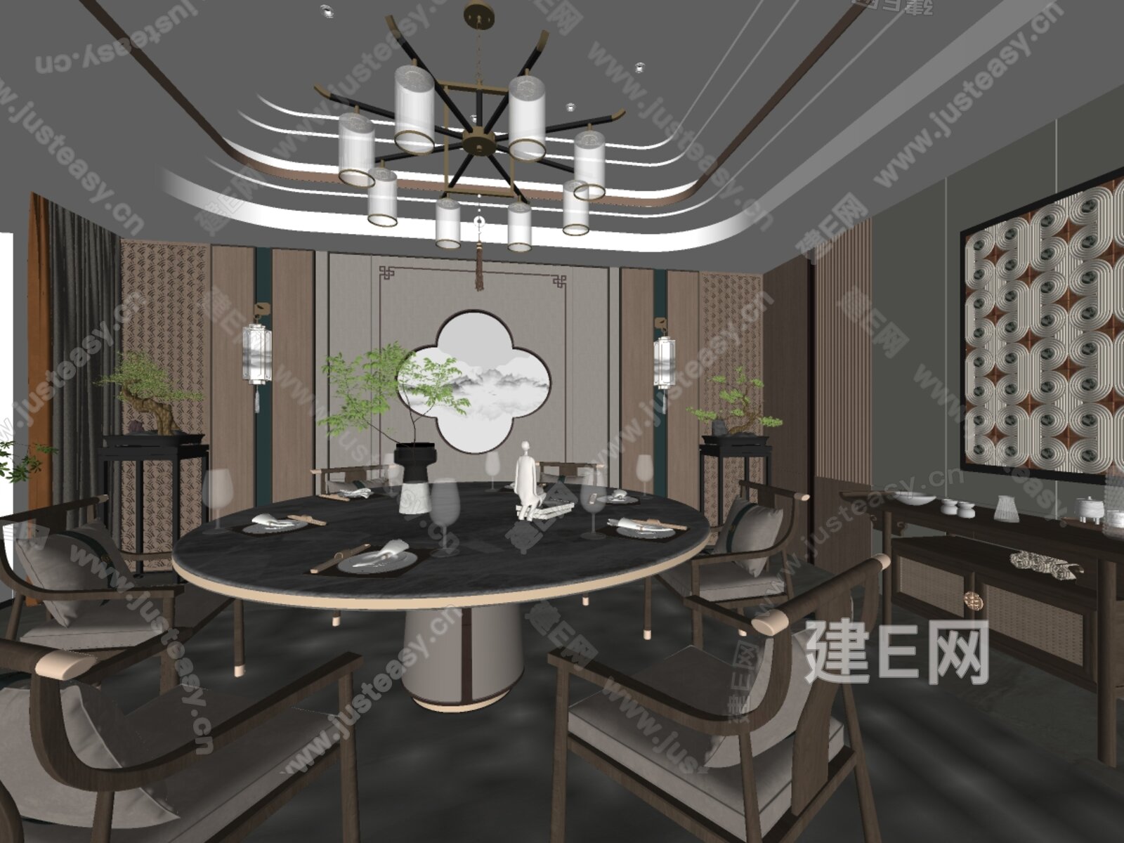 新中式酒店餐厅包厢 模型SU模型下载[ID:101405875]_建e网su模型
