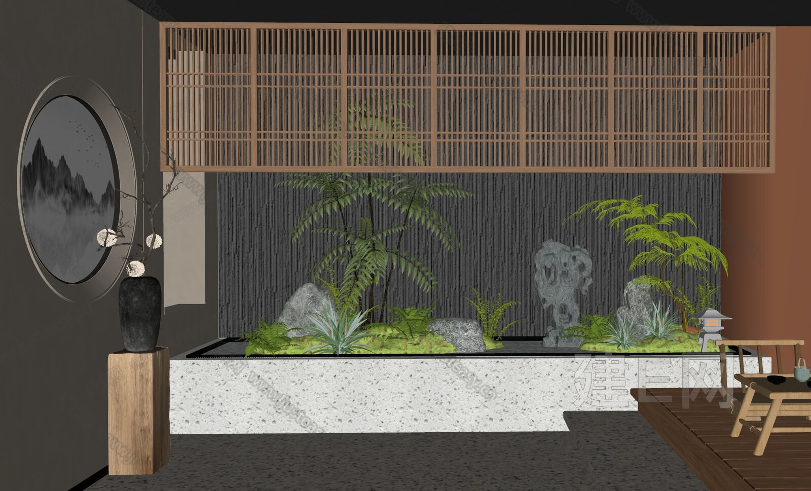 新中式室内景观造景模型SU模型下载[ID:101864666]_建e网su模型