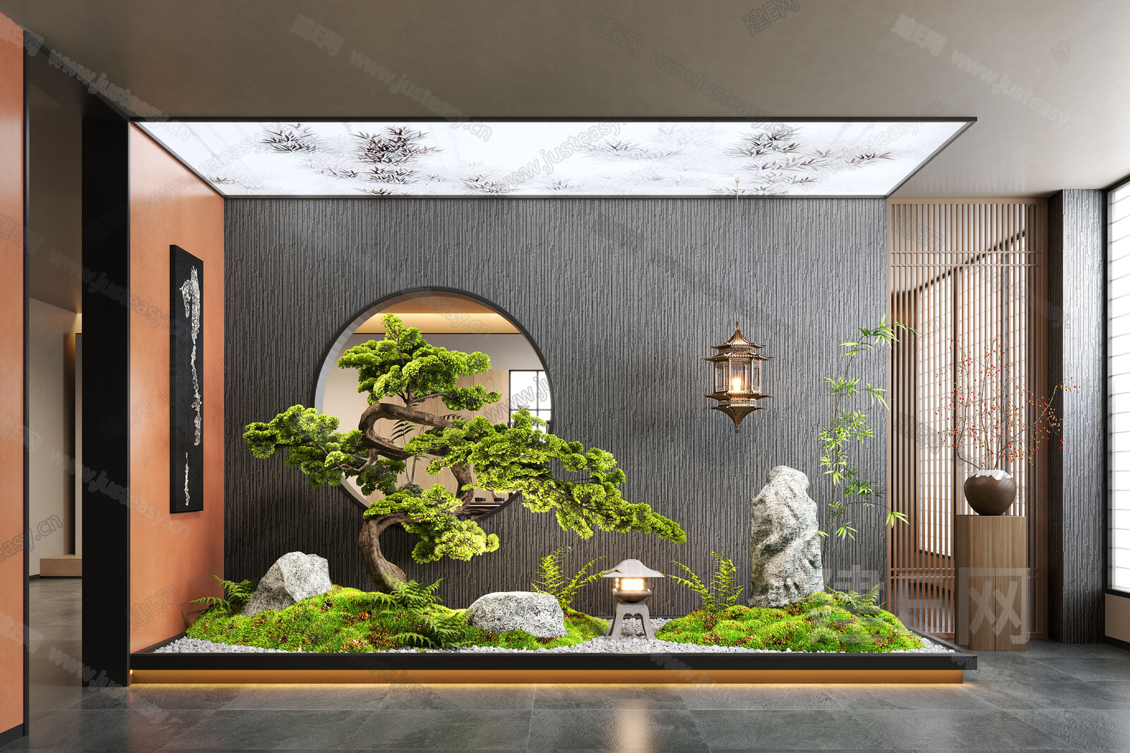 新中式室内景观造景模型SU模型下载[ID:101864474]_建E室内设计网