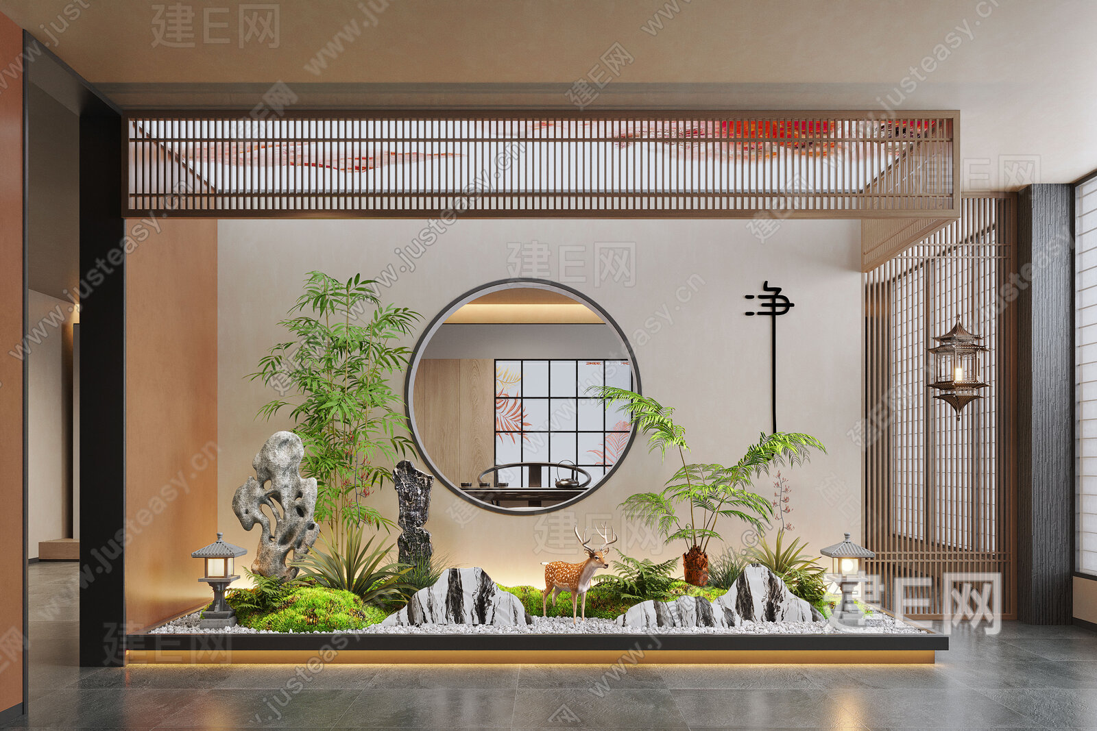 新中式室内景观造景模型SU模型下载[ID:103633950]_建E室内设计网