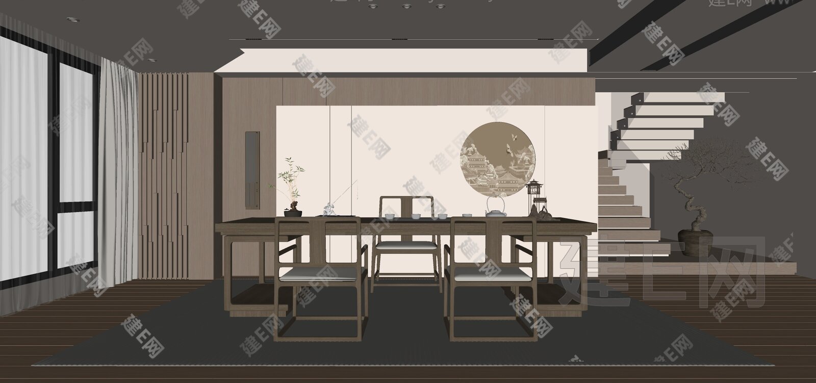 新中式禅意茶室 模型SU模型下载[ID:103306359]_建e网su模型