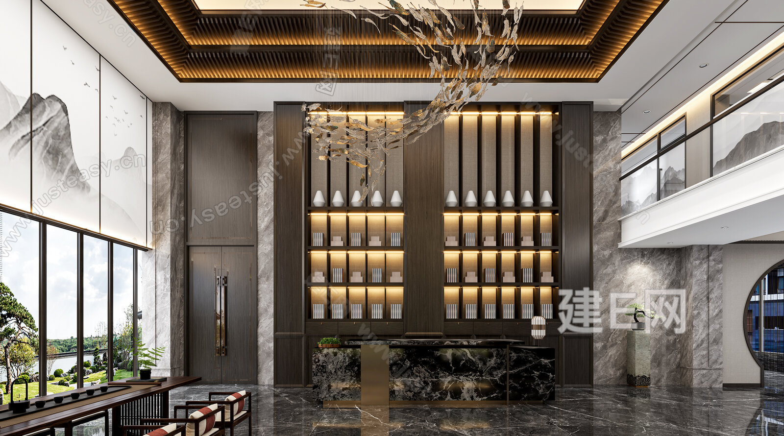 新中式大厅3d模型下载[ID:109600568]_建e网3d模型