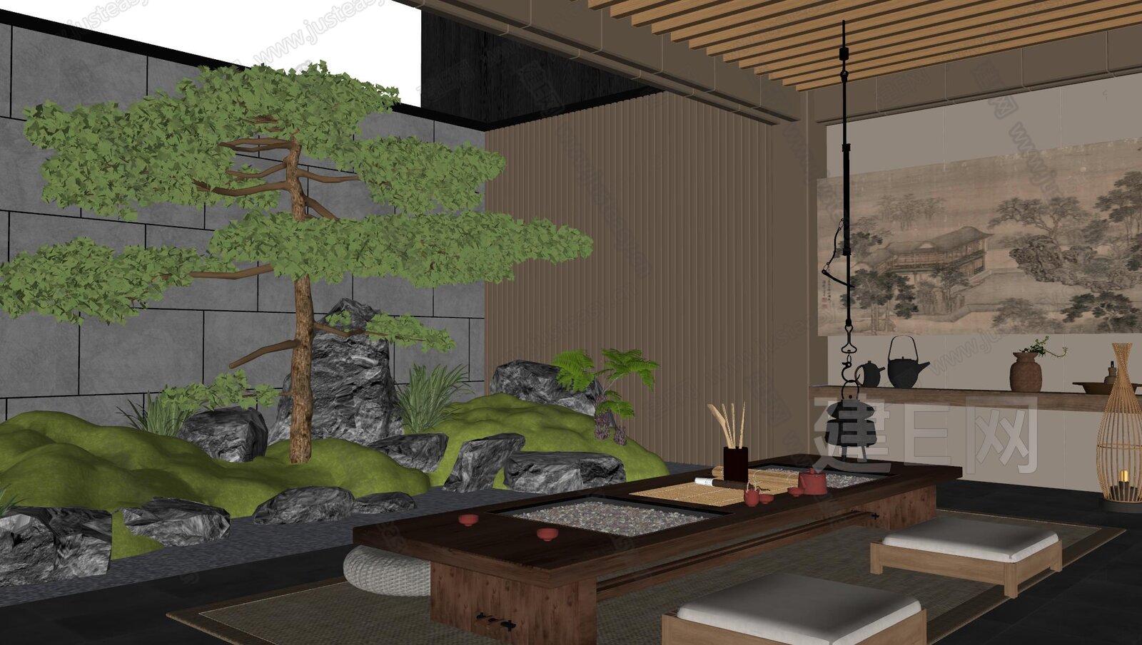 新中式禅意天井庭院景观模型SU模型下载[ID:115496094]_建e网su模型