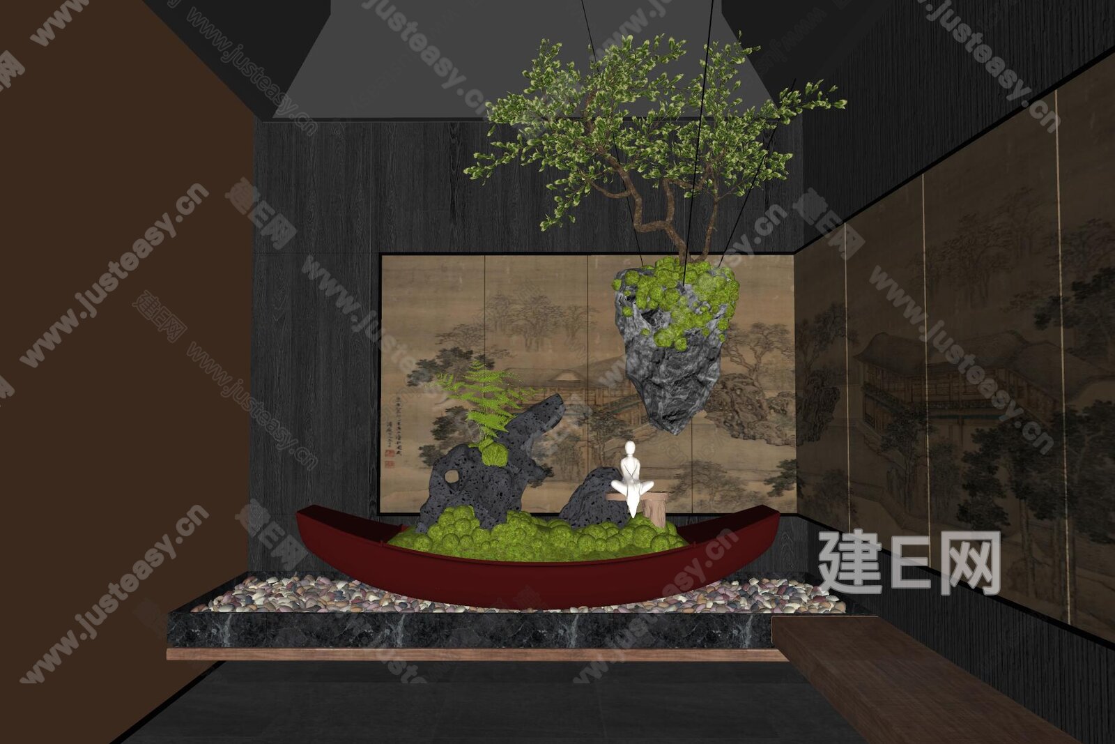 新中式室内植物景观造景模型SU模型下载[ID:115495982]_建e网su模型