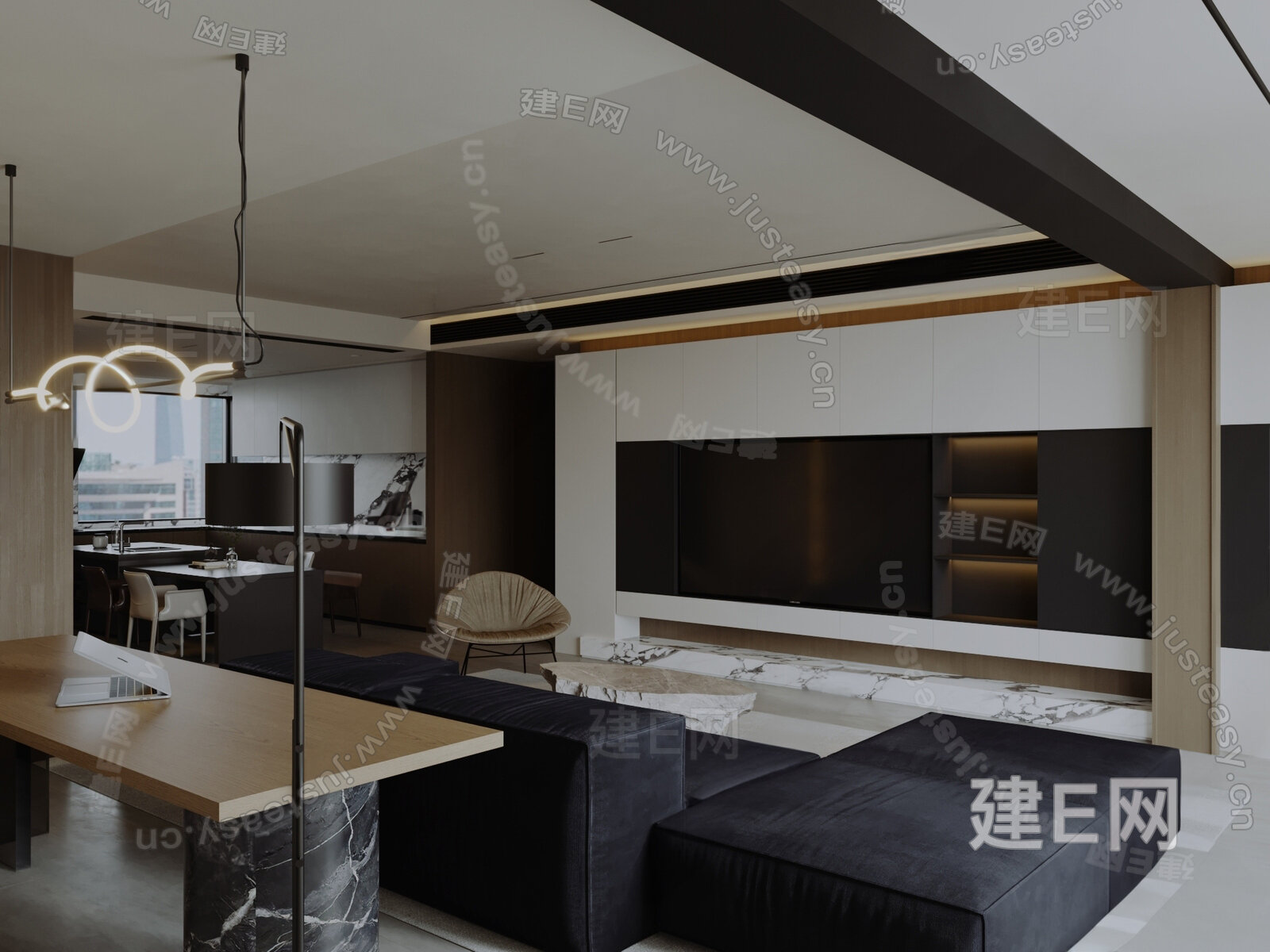 现代意式极简客餐厅模型SU模型下载[ID:115889328]_建e网su模型