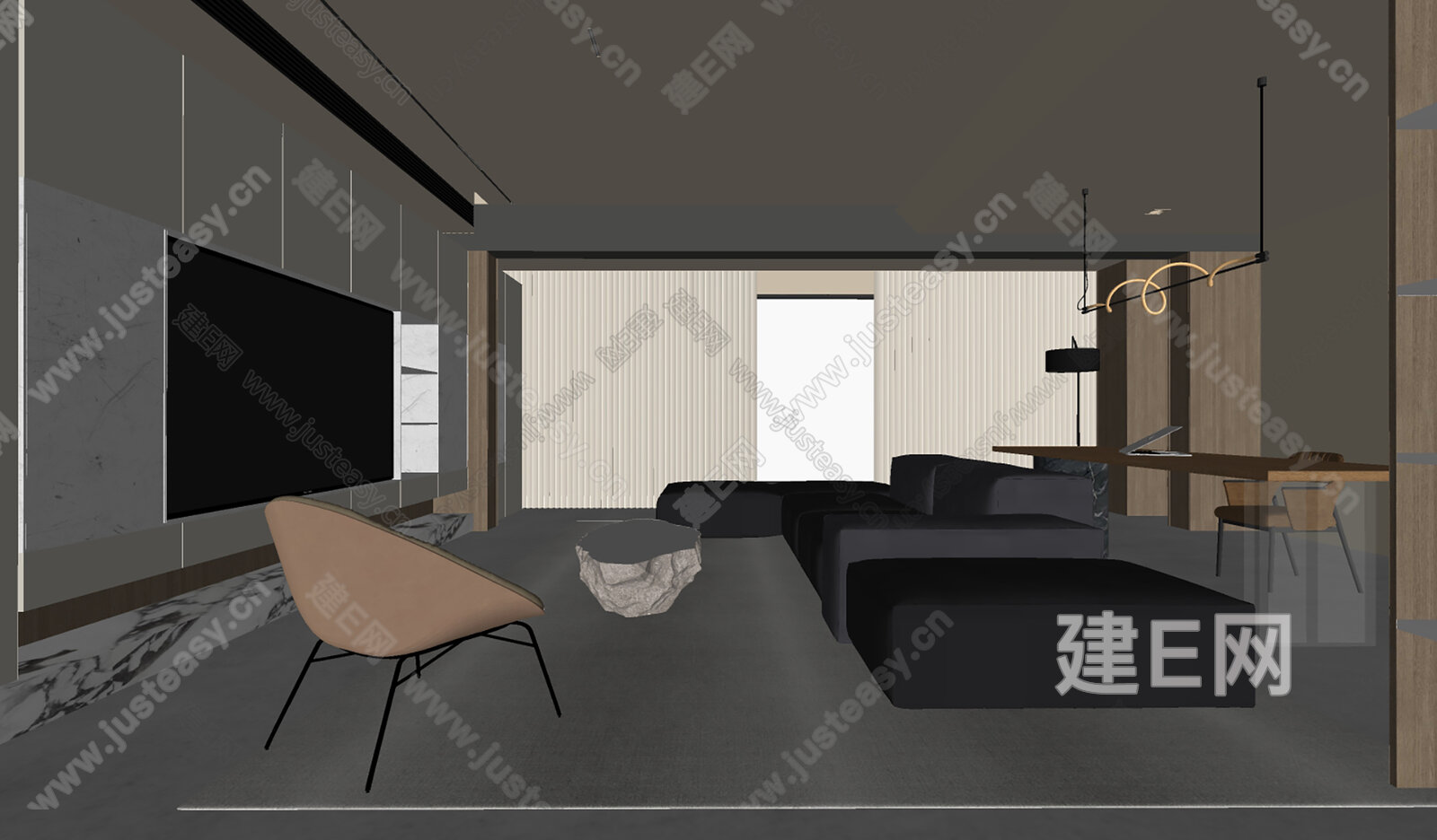 现代意式极简客餐厅模型SU模型下载[ID:115889328]_建e网su模型