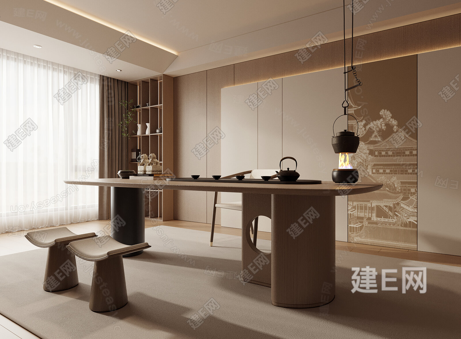 新中式禅意茶室模型SU模型下载[ID:116413460]_建e网su模型