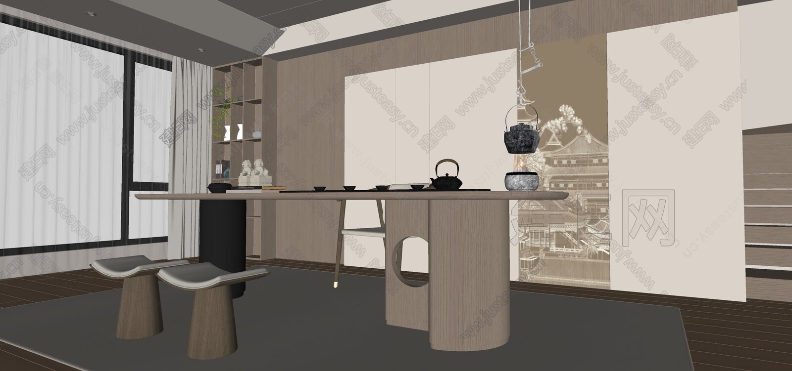 新中式禅意茶室模型SU模型下载[ID:116413460]_建e网su模型
