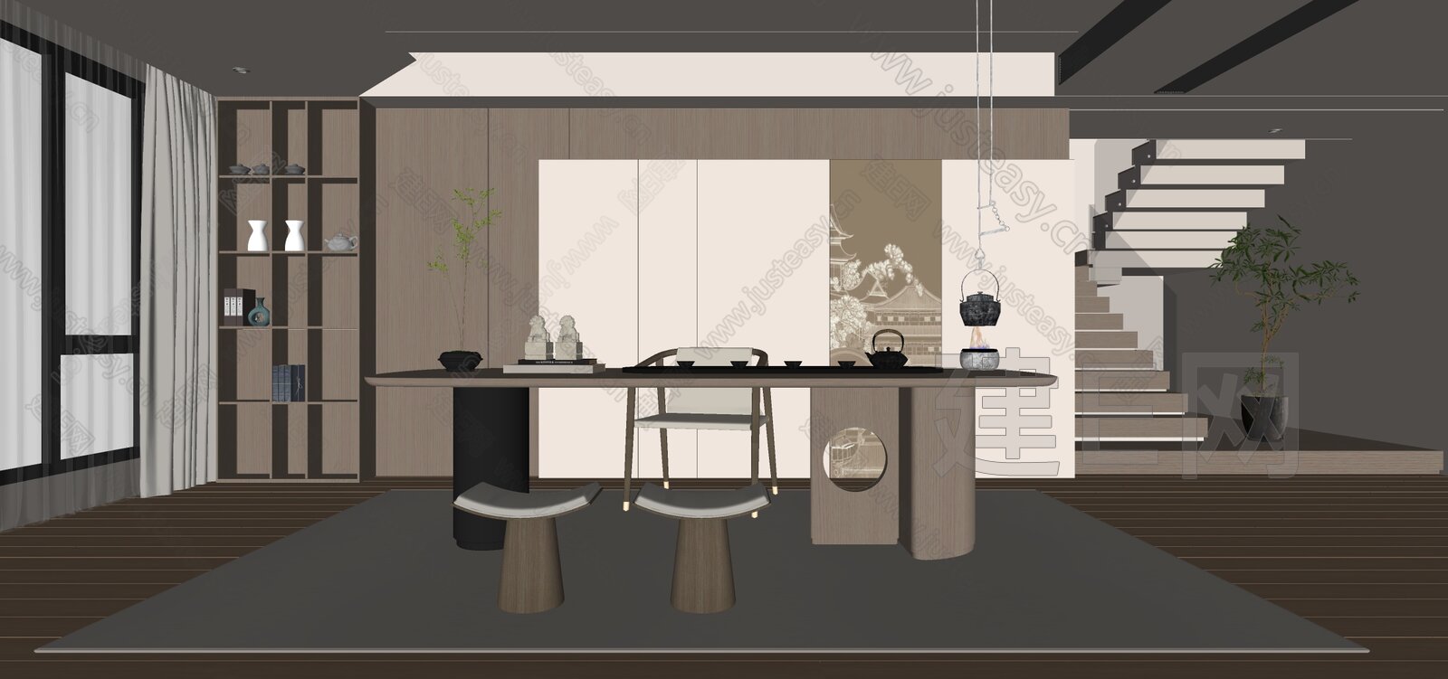 新中式禅意茶室模型SU模型下载[ID:116413460]_建e网su模型