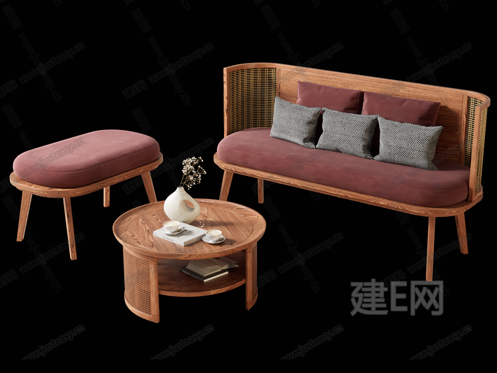 中古风藤编沙发茶几组合模型SU模型下载[ID:109597800]_建e网su模型