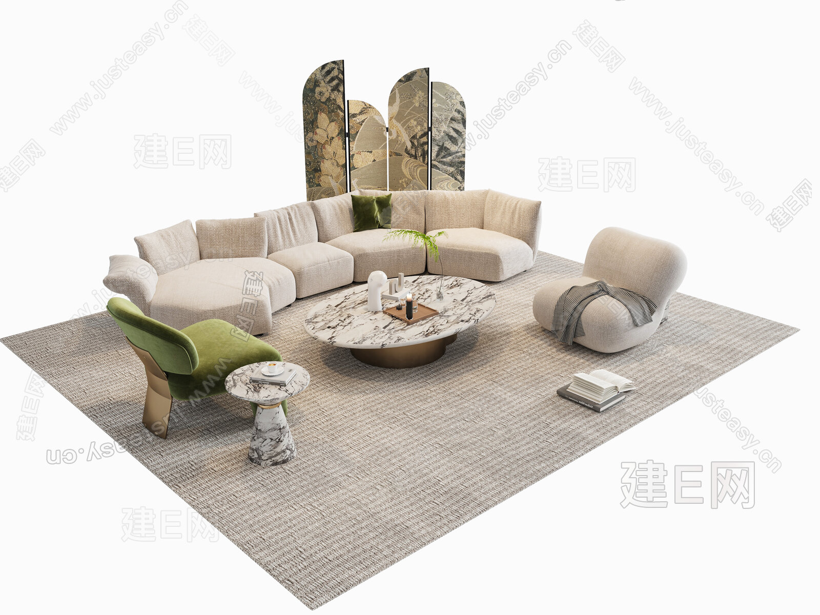现代法式沙发茶几组合模型SU模型下载[ID:109663437]_建e网su模型
