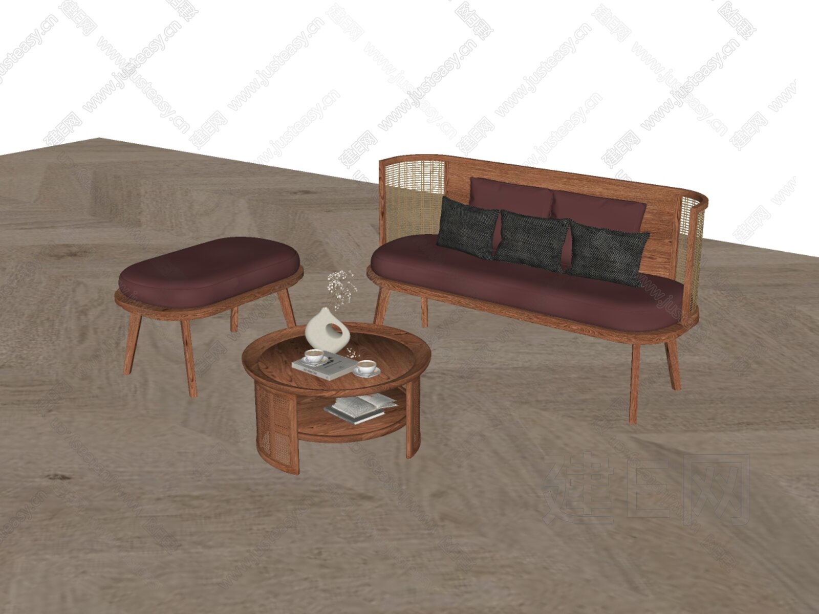 中古风藤编沙发茶几组合模型SU模型下载[ID:109597800]_建e网su模型