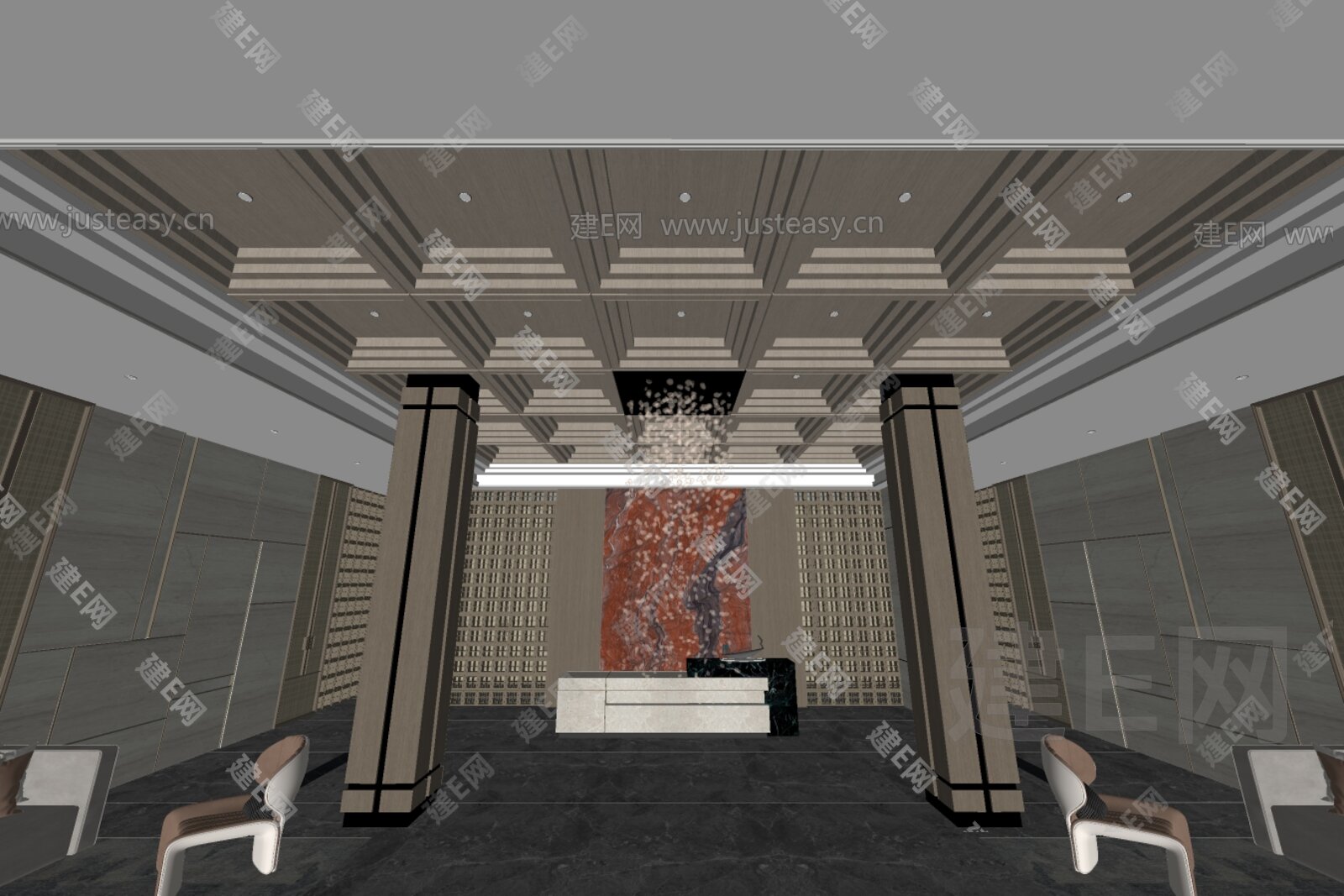 新中式酒店大堂模型SU模型下载[ID:111039665]_建e网su模型